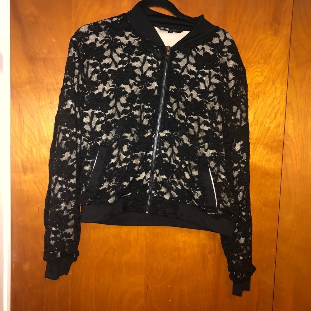 𝅺LuLaRoe Stevie Bomber Jacket Black Lace Sparkly M